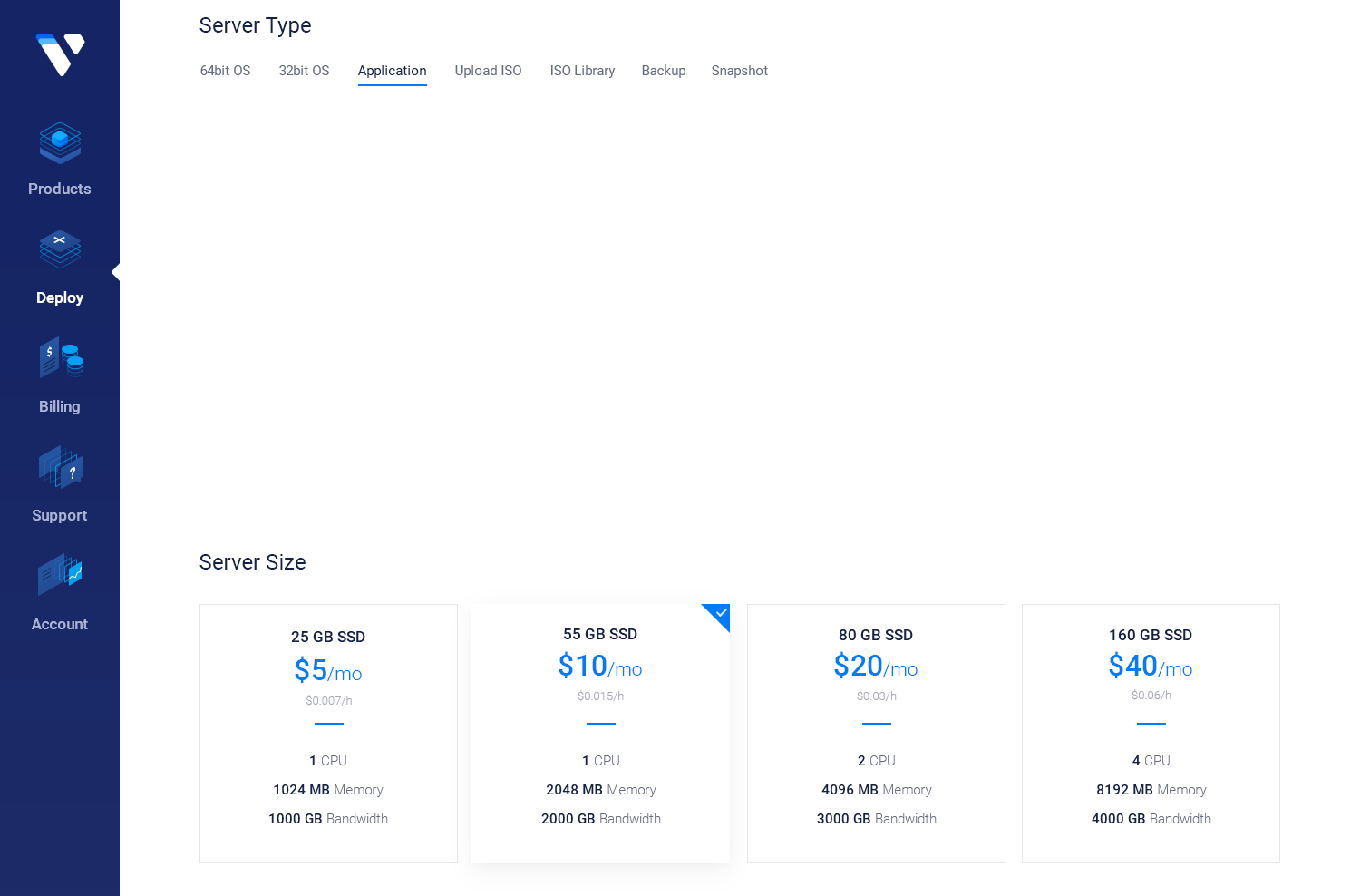 Preview of the Vultr server deploy page control panel for Docker on a web browser.