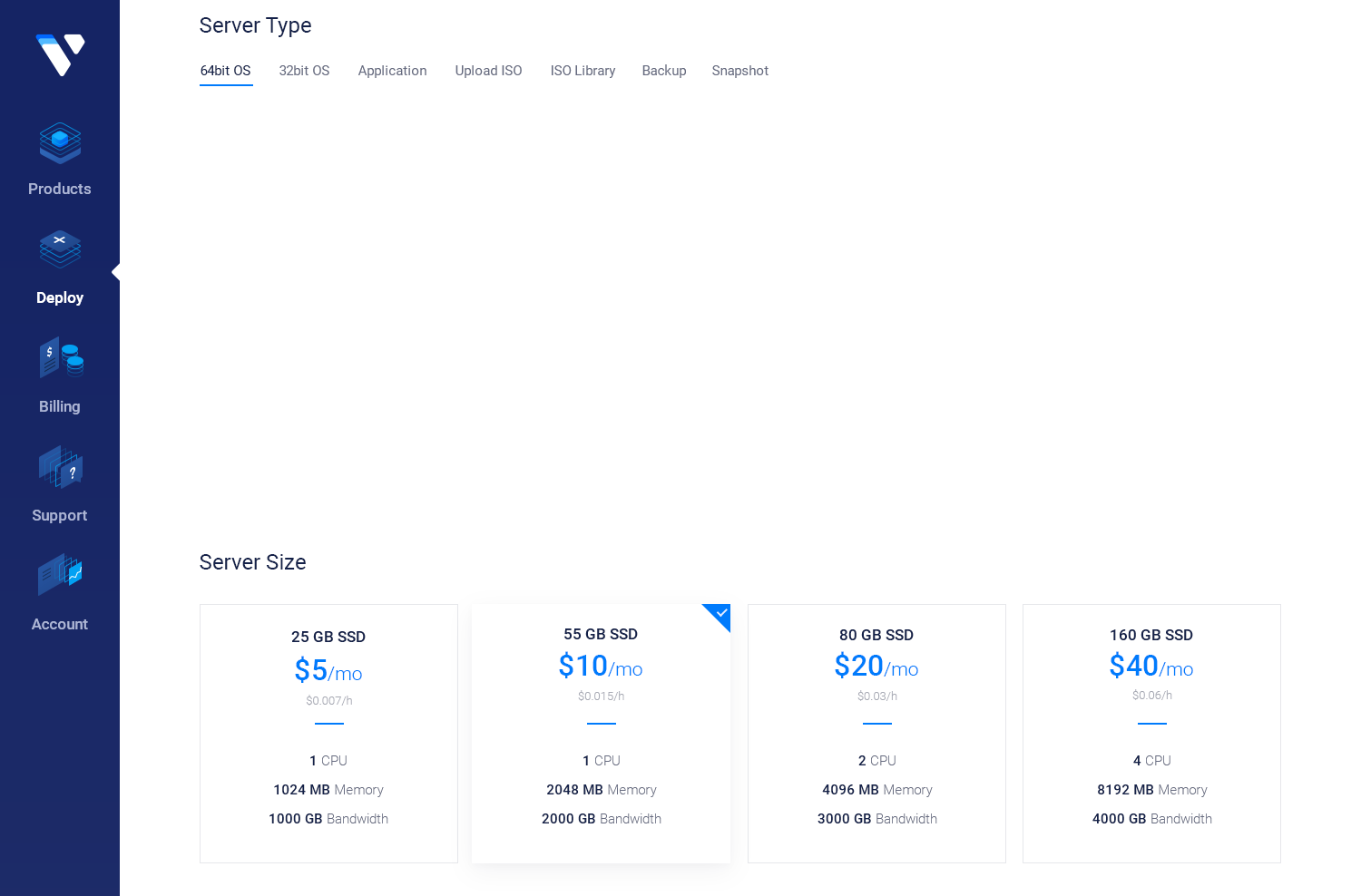 Preview of the Vultr server deploy page control panel for Ubuntu on a web browser.