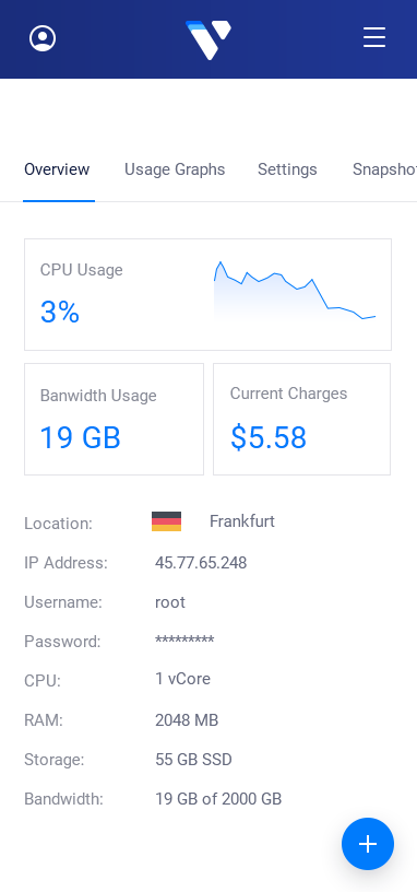Preview of the Vultr management interface for Docker on a mobile device.